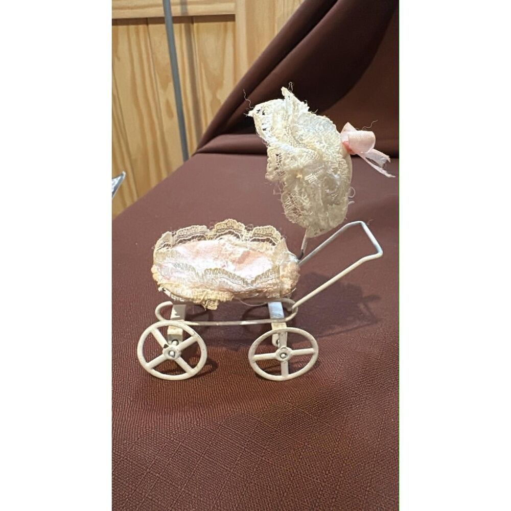 Dollhouse Metal White Baby Carriage With Pink Accents
